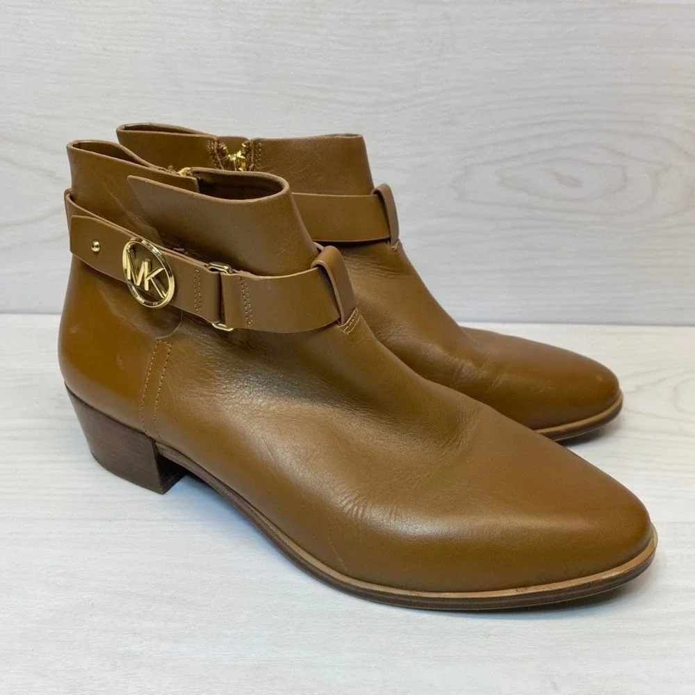 Michael Kors Womens 10M Ankle Boots Leather MK Buckle Brown Logo Booties